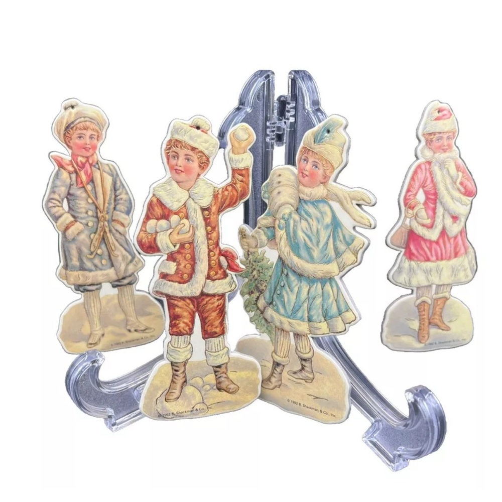 Vintage Ornaments 4 DieCut Double Sided B Shackman Victorian Children Winter 90s